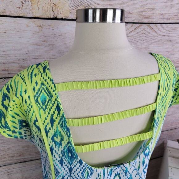 American Eagle Cap Sleeve Neon Geometric Blue Green Open Back Top Size Small - Picture 3 of 7
